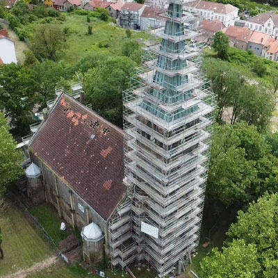 multi_protect-echaf installation d'un échafaudage fixe pour le Temple protestant de Morhange.